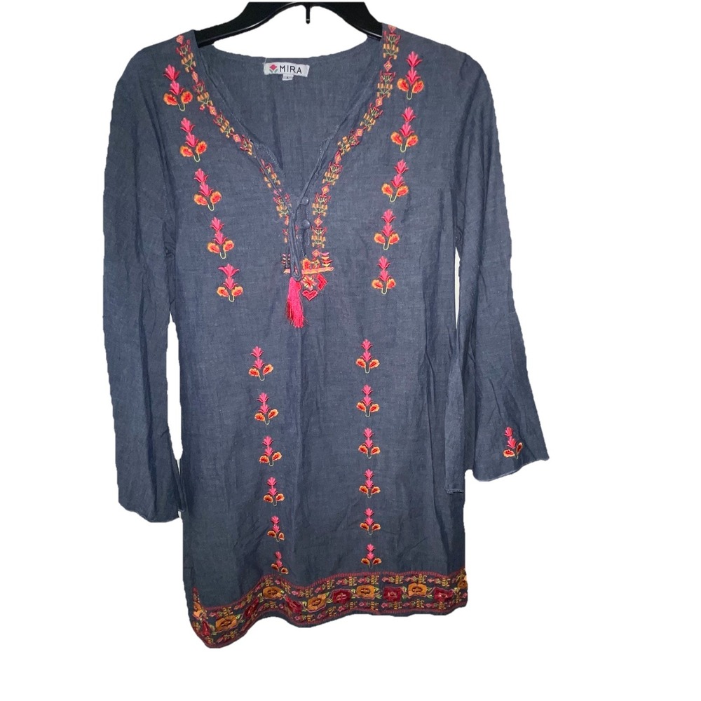Mira Womens Floral Embroidered Flare Sleeve Lagenlook Tunic Top Dress Grey Sz L